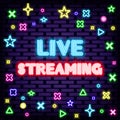 Live Streaming Neon signboards. On brick wall background. Announcement neon signboard. Royalty Free Stock Photo