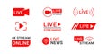 Live streaming, live news icons with play sign and wi-fi. Buttons for broadcasting, livestream or online stream