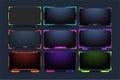 Live streaming overlay design collection for screen panels. Futuristic green, purple, and orange gaming overlay bundle for online