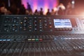 Live theater concert show sound video music control console with scene lights background. Sound engineer mixer