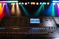 Live theater concert show sound video music control console with scene lights background. Sound engineer mixer