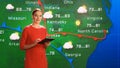 Live Weather News Studio with Professional Female On-Camera Meteorologist Standing Beside Screen a