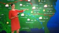 Live Weather News Studio with Professional Female On-Camera Meteorologist Standing Beside Screen a