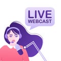 Live webcast in flat style with people. Listen to podcast. Flat illustration. Vector illustration. Royalty Free Stock Photo
