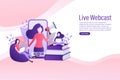 Live webcast in flat style with people. Listen to podcast. Flat illustration. Vector illustration. Royalty Free Stock Photo
