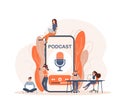 Live webcast in flat style with people. Listen to podcast. Flat illustration. Vector illustration. Royalty Free Stock Photo