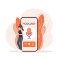 Live webcast in flat style with people. Listen to podcast. Flat illustration. Vector illustration. Royalty Free Stock Photo