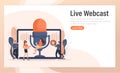 Live webcast in flat style with people. Listen to podcast. Flat illustration. Vector illustration. Royalty Free Stock Photo