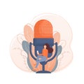 Live webcast in flat style with people. Listen to podcast. Flat illustration. Vector illustration. Royalty Free Stock Photo