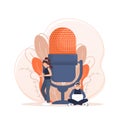 Live webcast in flat style with people. Listen to podcast. Flat illustration. Vector illustration. Royalty Free Stock Photo
