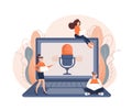 Live webcast in flat style with people. Listen to podcast. Flat illustration. Vector illustration. Royalty Free Stock Photo