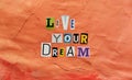 Live your Dream paper cut letters on abstract  gouache  paint texture on canvas with embossed , orange coral paint strokes. Hand Royalty Free Stock Photo