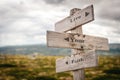 live your faith text engraved on old wooden signpost outdoors in nature