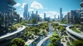 liveable city - aerial view street scene in front ofskyline as idea as an idea for a liveable city with lots of green spaces Royalty Free Stock Photo