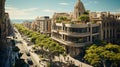 liveable city - aerial view street scene in front ofskyline as idea as an idea for a liveable city with lots of green spaces Royalty Free Stock Photo