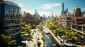 liveable city - aerial view street scene in front ofskyline as idea as an idea for a liveable city with lots of green spaces Royalty Free Stock Photo