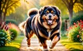 A lively and adorable Tibetan Mastiff dog is happily running in the garden! Royalty Free Stock Photo