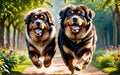 A lively and adorable Tibetan Mastiff dog is happily running in the garden! Royalty Free Stock Photo