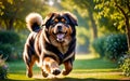 A lively and adorable Tibetan Mastiff dog is happily running in the garden! Royalty Free Stock Photo