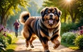 A lively and adorable Tibetan Mastiff dog is happily running in the garden! Royalty Free Stock Photo