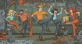 A lively, animated illustration showing a diverse group of five workers dancing Royalty Free Stock Photo