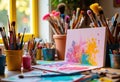 Colorful paintbrushes and art supplies arranged on a vibrant creative workspace Royalty Free Stock Photo