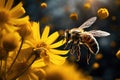 A lively bee gracefully hovers above a vibrant bunch of yellow flowers against a backdrop of leafy green plants, Bees hovering Royalty Free Stock Photo