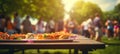 Lively bokeh backdrop showcasing a delightful picnic spread with finger foods and sparkling drinks.