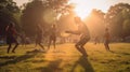 A group of people playing ultimate frisbee in a park created with Generative AI