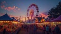 A lively carnival at dusk, Ferris wheel lights. Resplendent.