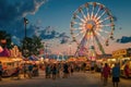 A lively carnival at dusk, Ferris wheel lights. Resplendent.