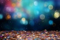 Lively and celebratory blurred bokeh background with colorful confetti and dynamic party elements