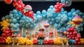 A lively children\'s party with balloons of various shapes and colors