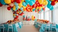 A lively children\'s party with balloons of various shapes and colors