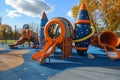 A lively childrens play area filled with excitement and laughter as kids slide down the vibrant slide and enjoy a swing ride, A