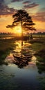 Lively Coastal Landscape: Lone Tree Reflection At Sunset