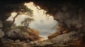 Lively Coastal Landscapes: A Captivating Painting Of A Cave Opening