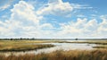 Lively Coastal Landscapes: A Detailed Rendering Of Lake And Marsh