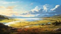Lively Coastal Landscapes: A Digital Painting Of A Serene Mountain Valley Lake