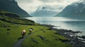 Lively Coastal Landscapes: A Stunning Uhd Image Of Mountain Landscape With Two Cows