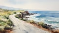 Lively Coastal Landscapes: Watercolor Painting Of Ocean View With White Road