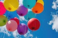 A lively collection of brightly colored balloons floating in the air at a festive event, Vividly colored balloons rising in the Royalty Free Stock Photo