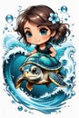 Lively and colorful cartoon girl with turtle. Irls expression exudes joy, vibrancy, suggesting carefree, whimsical Royalty Free Stock Photo