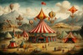 A lively, colorful painting of a circus tent stands proudly in the middle of a lush green field, A vintage circus populated with