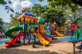 A lively and colorful play area filled with children enjoying various activities in a park, A playground teeming with laughing Royalty Free Stock Photo