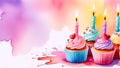 lively and colorful scene featuring four cupcakes adorned with lit candles. Watercolor illustration. banner with copy