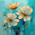 Lively Colors White Flowers On Turquoise Background - Large Canvas Painting