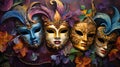 A lively composition featuring a dazzling array of ornate masks in vibrant purples, golds, and greens, capturing the spirit of Mar