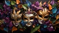 A lively composition featuring a dazzling array of ornate masks in vibrant purples, golds, and greens, capturing the spirit of Mar