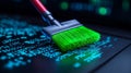 A lively digital image showing a broom sweeping binary code to illustrate cybersecurity data cleansing.